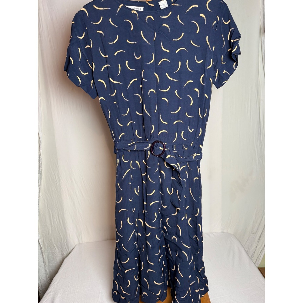Liz Claiborne Collection Navy Blue Abstract Print Rayon‎ Belted Midi Dress 4